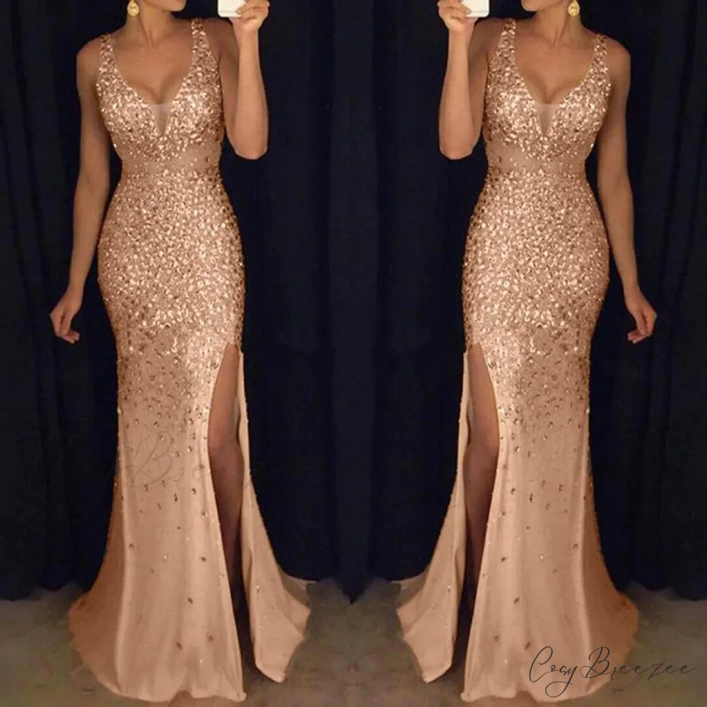 Fashion Elegant Female Party Ruffled Ribbed Maxi Flare Long Sleeve Solid Color Round Neck Pleated Dress Gold / S