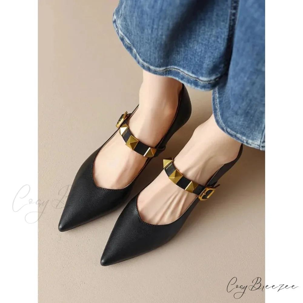 Fashion Fall Pointed Shallow Mouth Rivets Professional Temperament Low Heel Pump