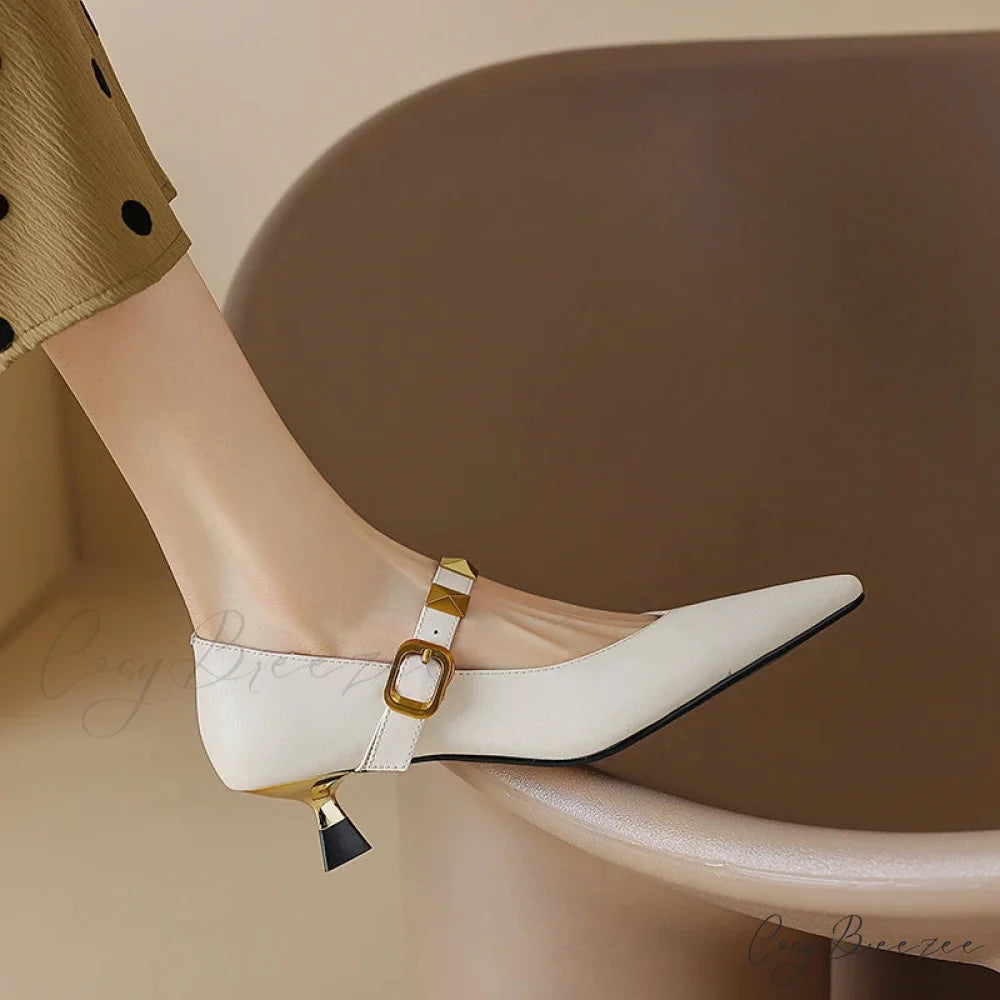 Fashion Fall Pointed Shallow Mouth Rivets Professional Temperament Low Heel Pump WHITE / 35