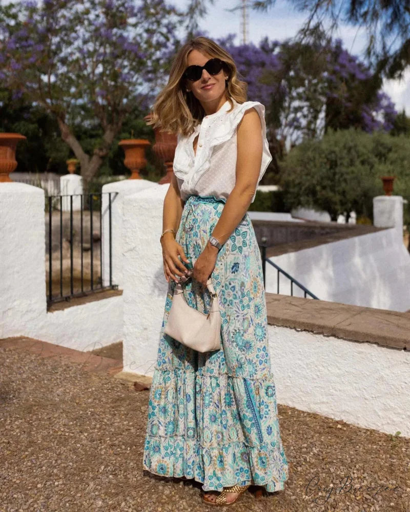 Fashion Floral Folds Bohemian Elastic High Waist Skirt skirt-250126
