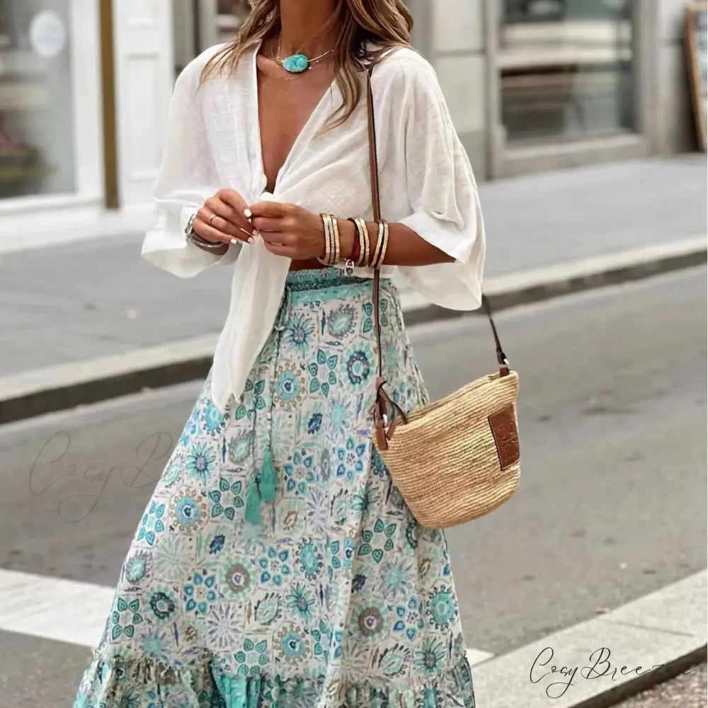 Fashion Floral Folds Bohemian Elastic High Waist Skirt skirt-250126