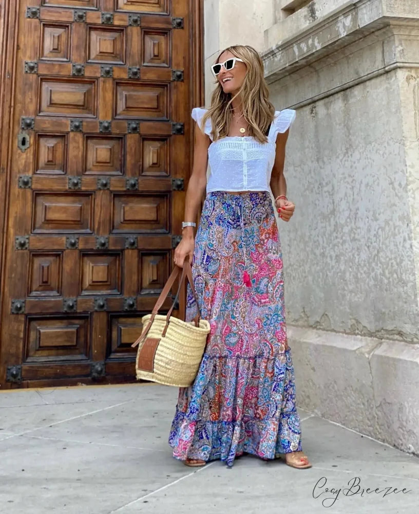 Fashion Floral Folds Bohemian Elastic High Waist Skirt BLUE2 / S skirt-250126