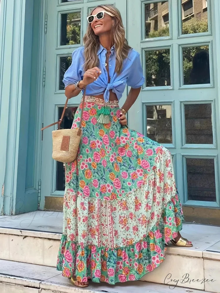 Fashion Floral Folds Bohemian Elastic High Waist Skirt GREEN1 / S skirt-250126