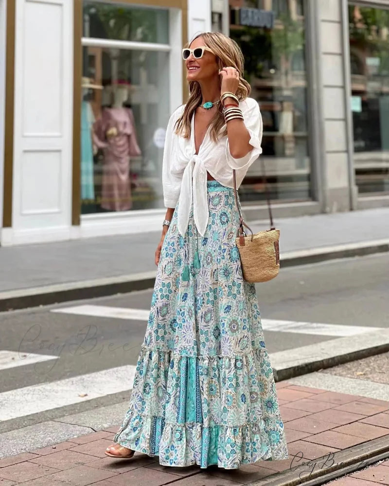 Fashion Floral Folds Bohemian Elastic High Waist Skirt LIGHT GREEN / S skirt-250126