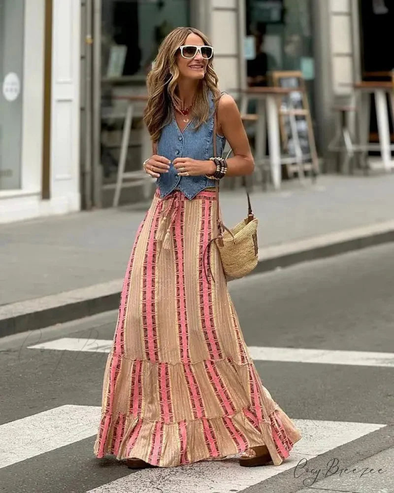 Fashion Floral Folds Bohemian Elastic High Waist Skirt ORANGE / S skirt-250126