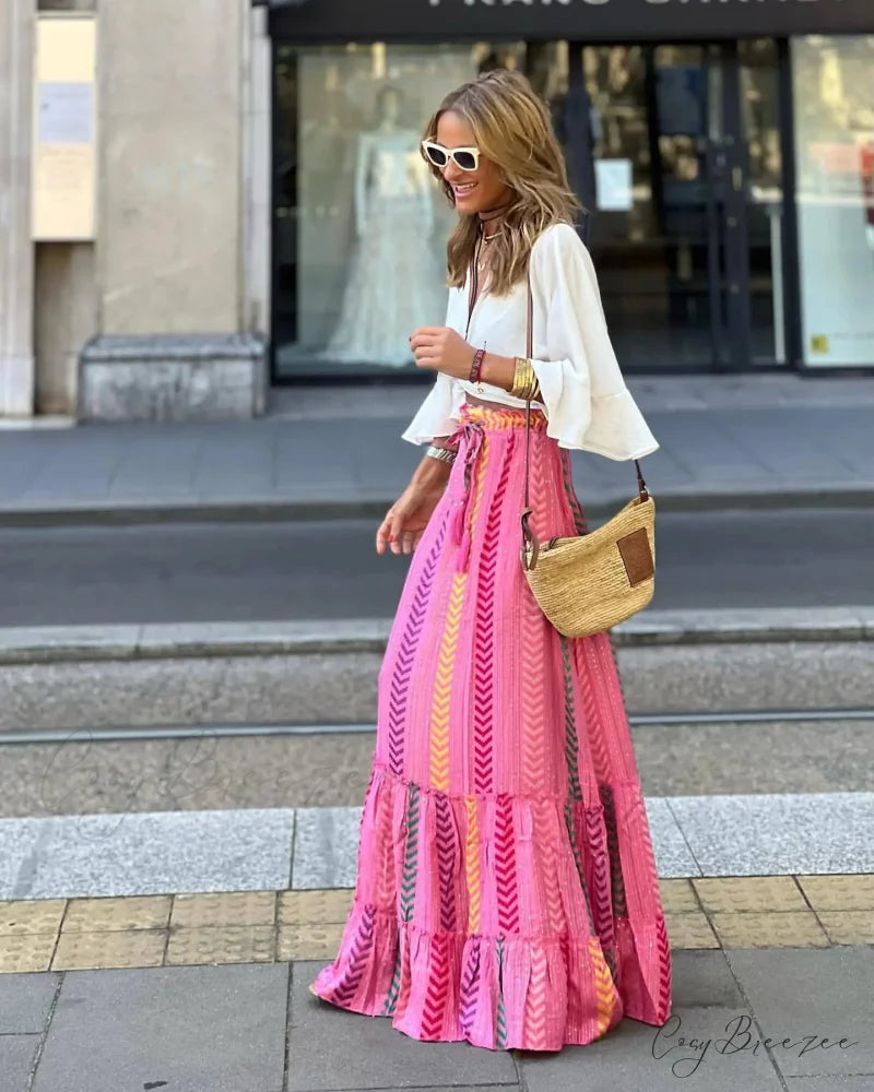 Fashion Floral Folds Bohemian Elastic High Waist Skirt PINK1 / S skirt-250126