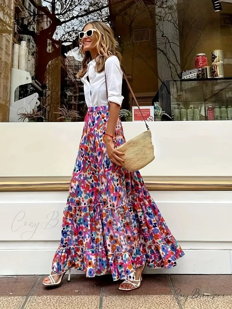 Fashion Floral Folds Bohemian Elastic High Waist Skirt PINK2 / S skirt-250126