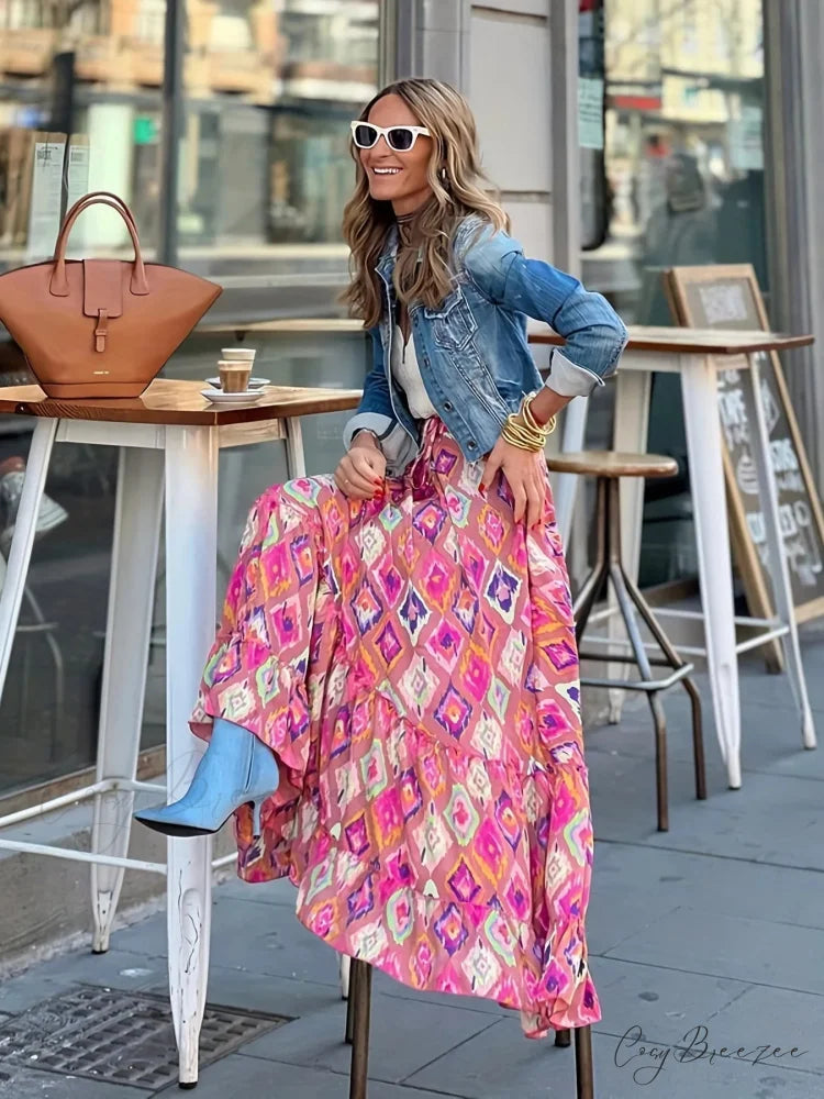 Fashion Floral Folds Bohemian Elastic High Waist Skirt PINK3 / S skirt-250126