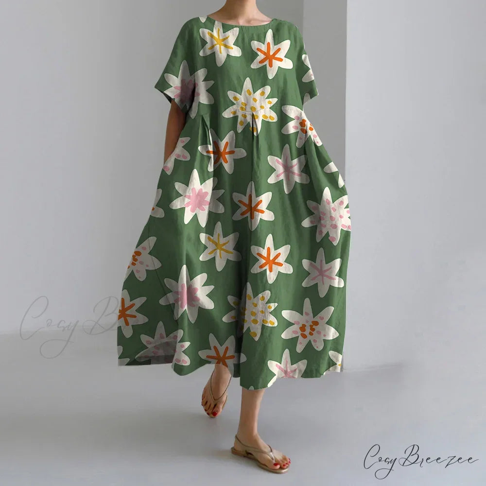 Fashion Floral Printed Short Sleeve Dinner Dress green3 / S oldfloraldress-250126