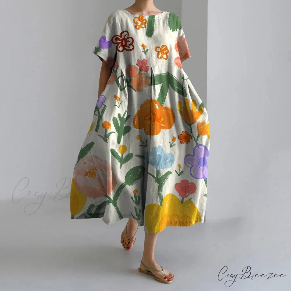 Fashion Floral Printed Short Sleeve Dinner Dress yellow1 / S oldfloraldress-250126