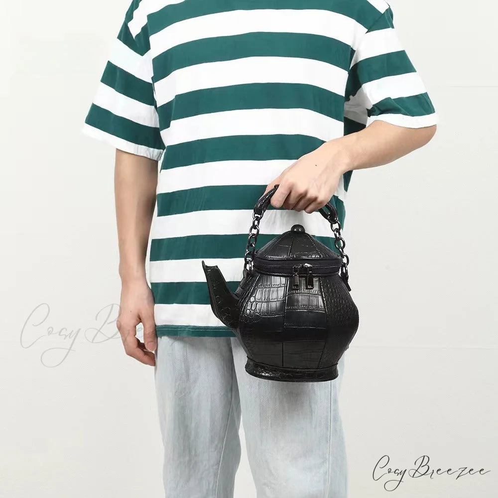 Fashion Funny Teapot Shaped Stone Pattern Leather Gothic Personalized Bag Black