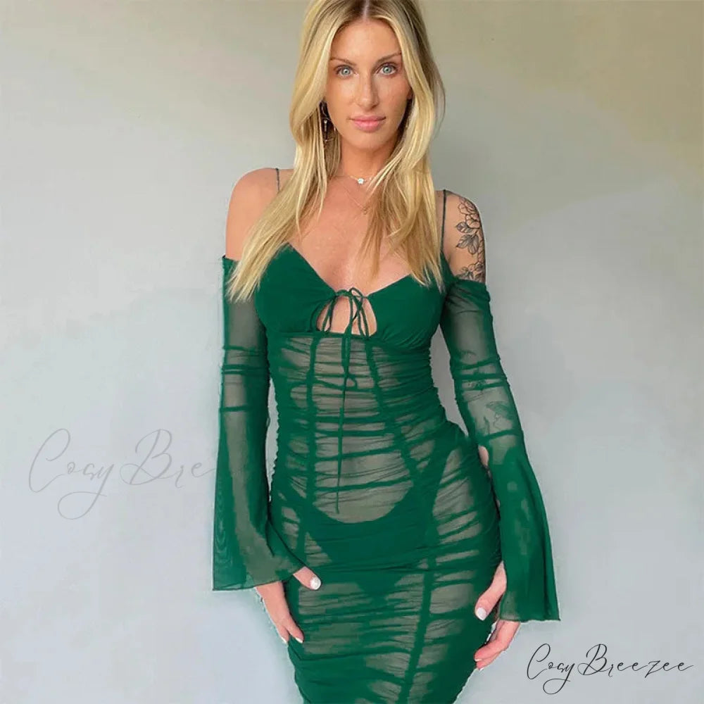 Fashion Mesh See Through Tie Front Maxi Dress Green / S