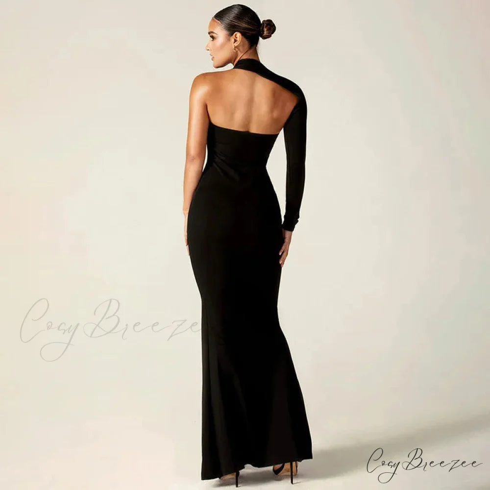Fashion One Shoulder Split Long Sleeve Vestido Gown Maxi Dress