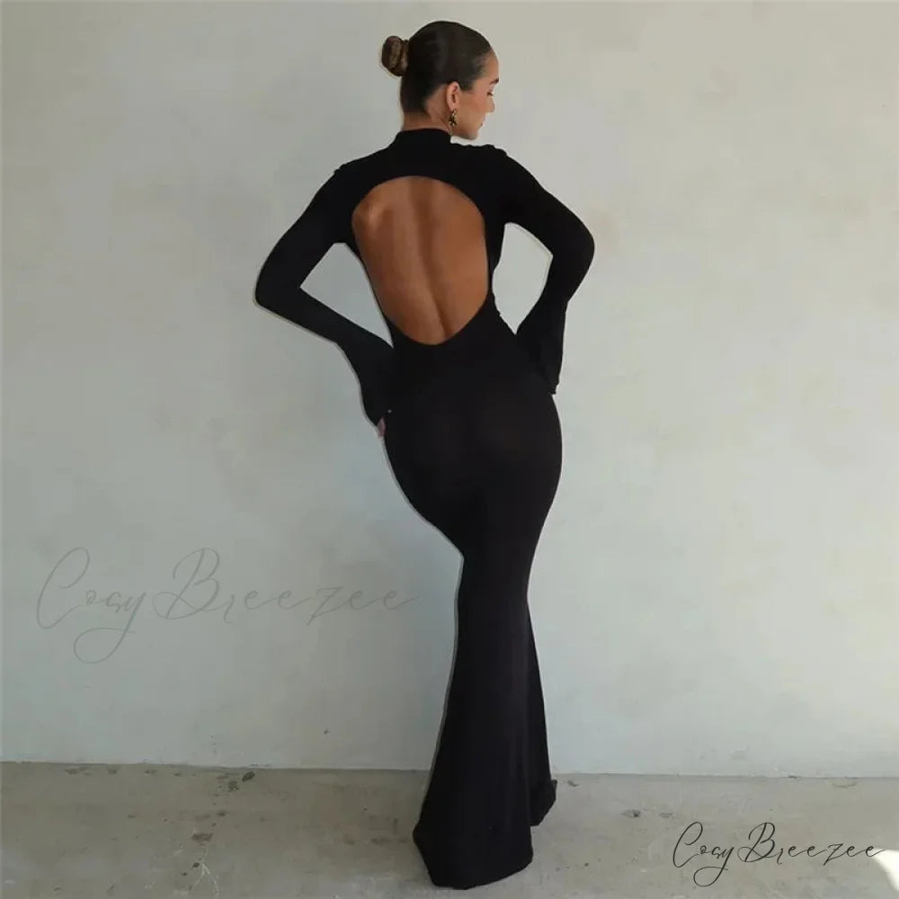 Fashion Open Back Maxi Dress Black / S