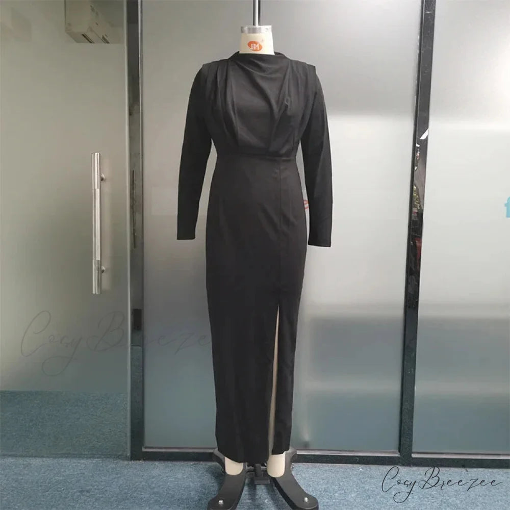 Fashion Pleated High Split Long Sleeve Maxi Dress