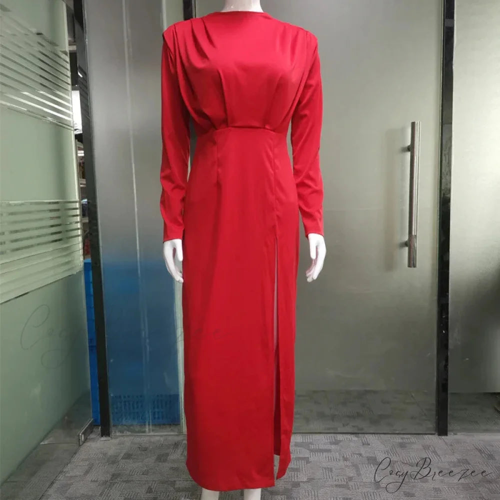 Fashion Pleated High Split Long Sleeve Maxi Dress