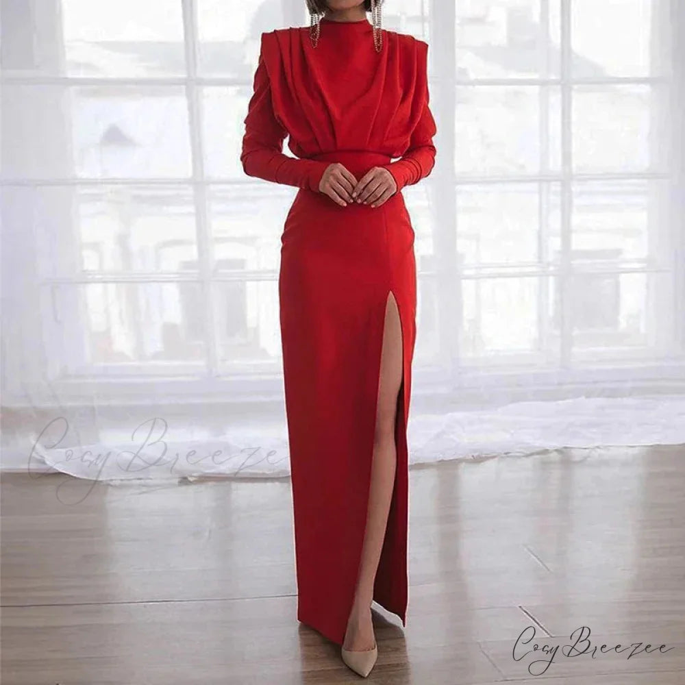 Fashion Pleated High Split Long Sleeve Maxi Dress Red / XS