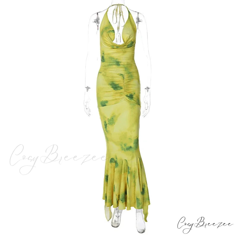 Fashion Print Backless Halter Maxi Dress