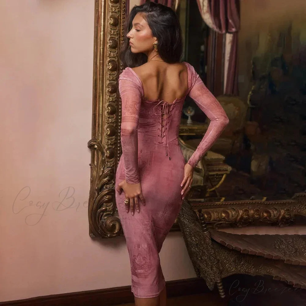 Fashion Print Bandage Corset Long Sleeve Fall Lace Clothes Midi Dress