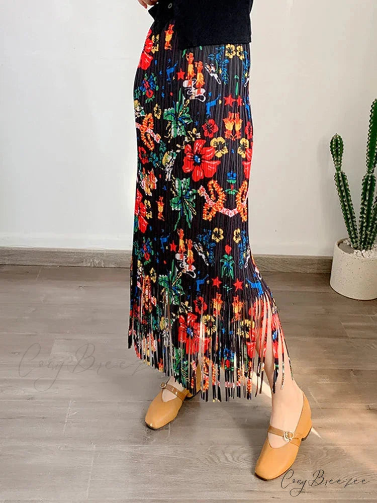 Fashion Printed Flower Tassels High Elastic Waist Skirt Black / One Size skirt-250126