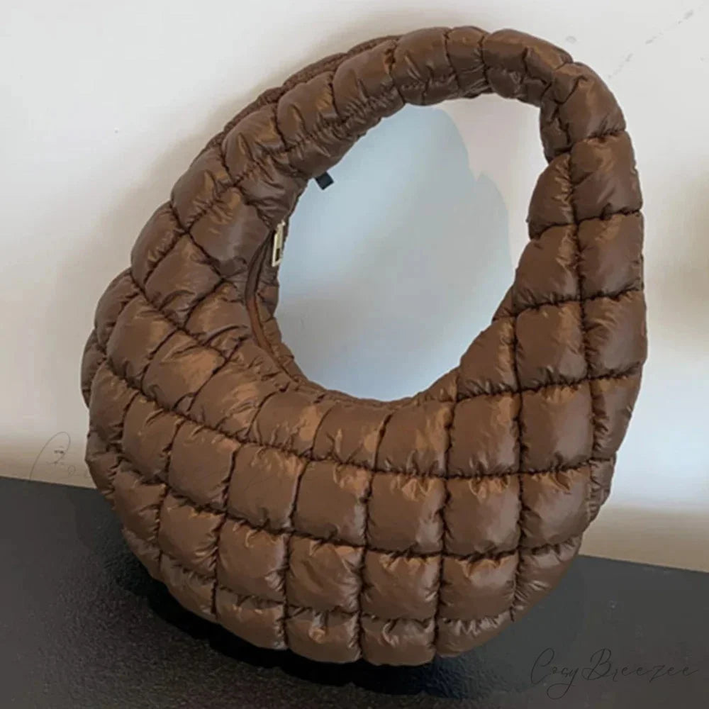 Fashion Quilted Puffer Pleated Shoulder Handbag light brown handbag-250126