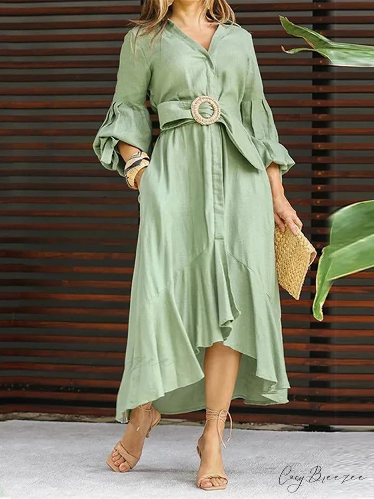 Fashion Ruffle Women’s Shirt Casual V Neck Lantern Sleeve With Pocket Long Skirt 2024 Spring Lady Streetwear Midi Dress