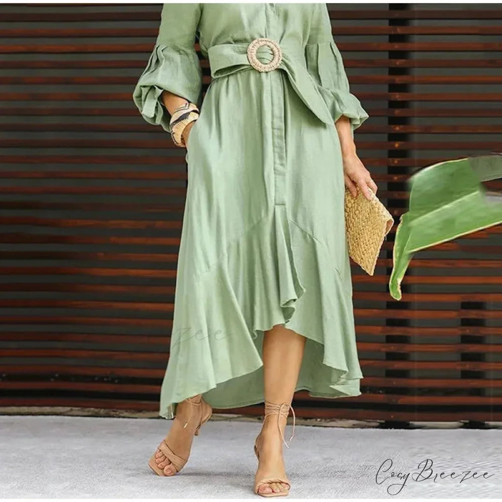 Fashion Ruffle Women’s Shirt Casual V Neck Lantern Sleeve With Pocket Long Skirt 2024 Spring Lady Streetwear Midi Dress