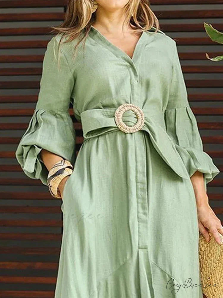 Fashion Ruffle Women’s Shirt Casual V Neck Lantern Sleeve With Pocket Long Skirt 2024 Spring Lady Streetwear Midi Dress