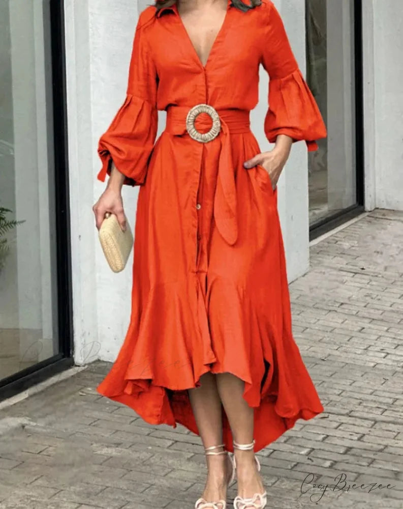 Fashion Ruffle Women’s Shirt Casual V Neck Lantern Sleeve With Pocket Long Skirt 2024 Spring Lady Streetwear Midi Dress