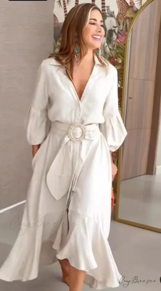 Fashion Ruffle Women’s Shirt Casual V Neck Lantern Sleeve With Pocket Long Skirt 2024 Spring Lady Streetwear Midi Dress