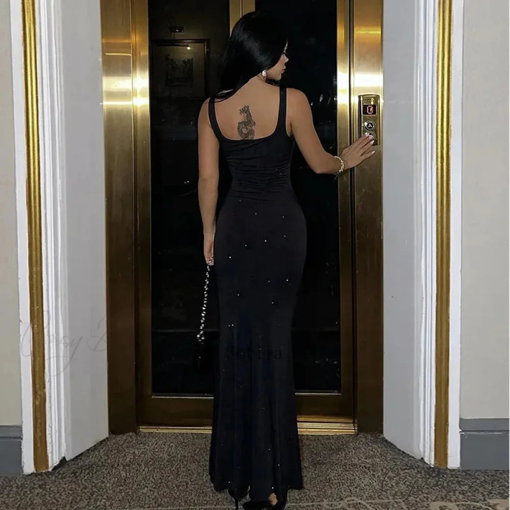 Fashion Sequins Backless Sleeveless Elegant Maxi Dress