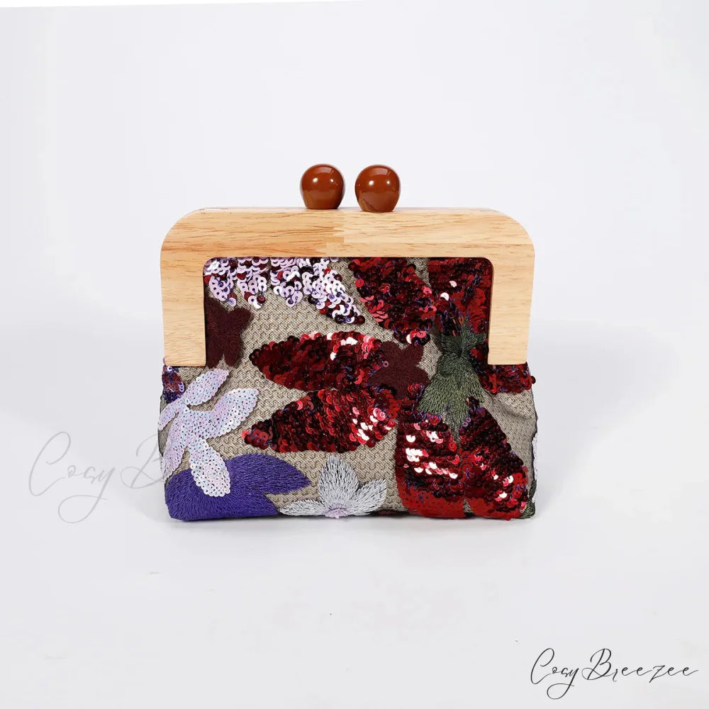 Fashion Sequins Flower Clutch Bag Wristlet wine red wristlet-250126