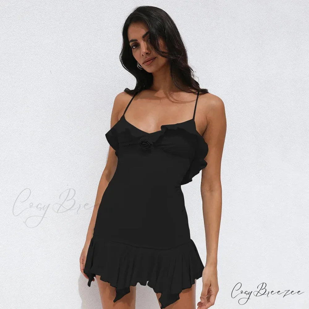 Fashion Sexy Backless Frill Hem Mini Dress Black / S