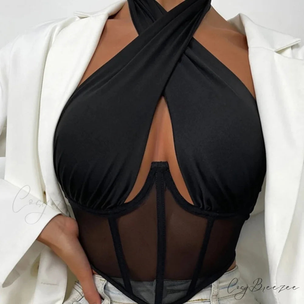 Fashion Sexy Hollow Tie-Up Halter Backless See-Through Mesh Stylish Elegant Trendy Crop Top