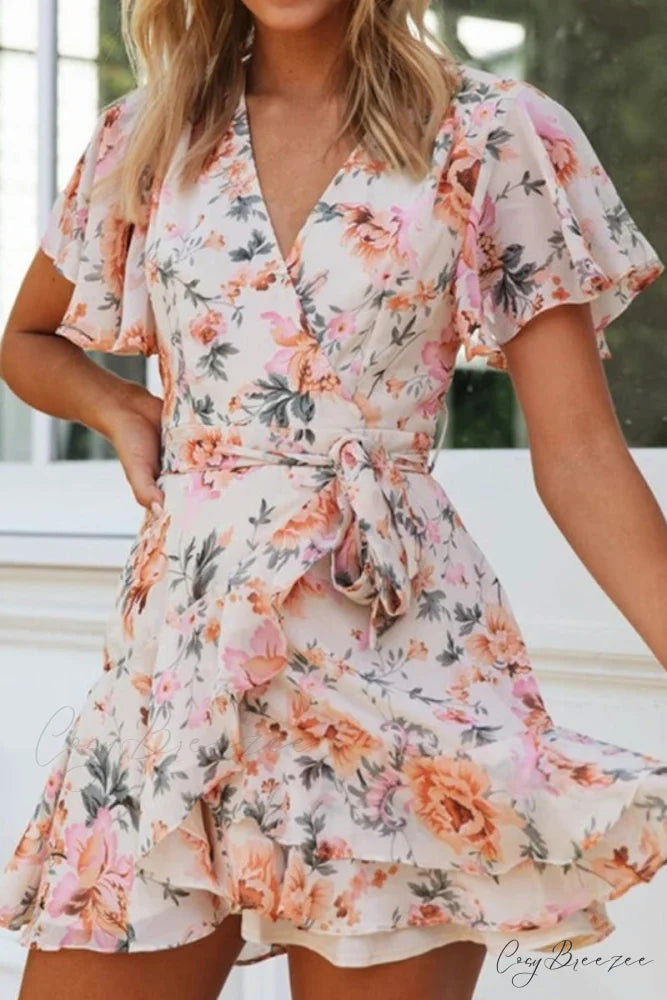 Fashion Short Graceful Sleeve Stripe Dress Floral / S