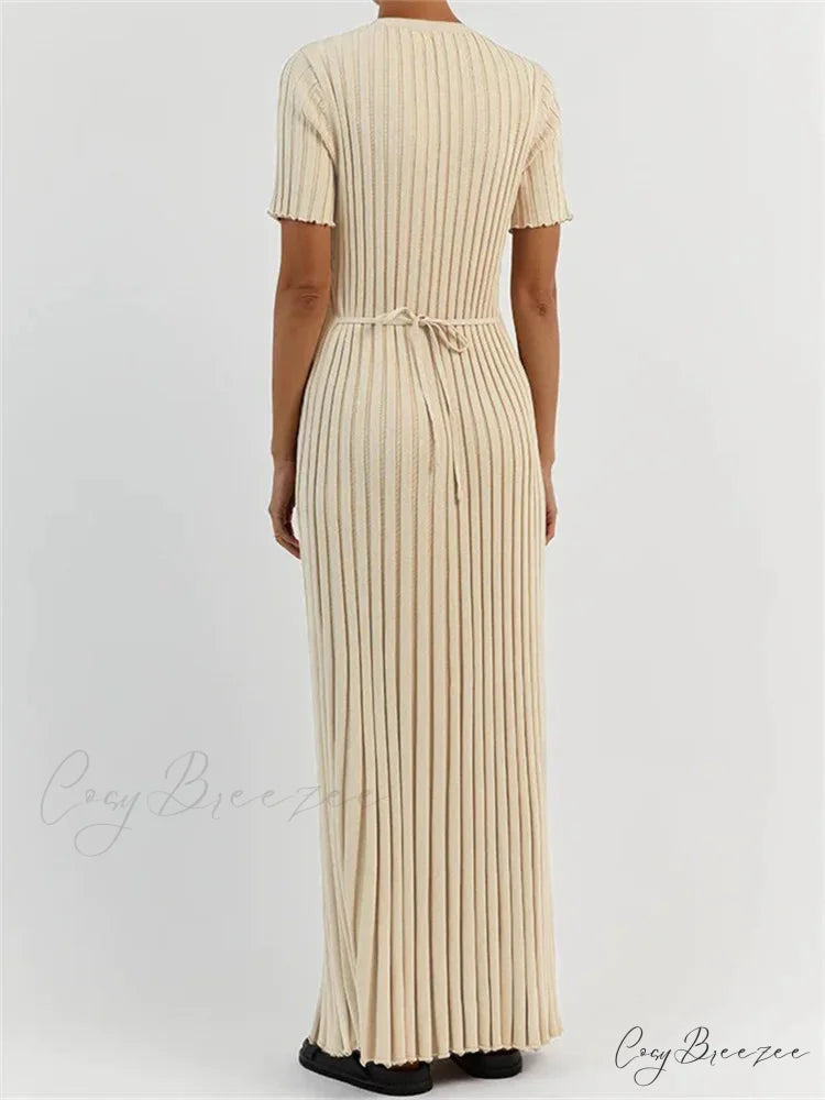 Fashion Women Solid Color Round Neck Short Sleeve Summer Tie-Up Party Ribbed Knitted Female Vestidos