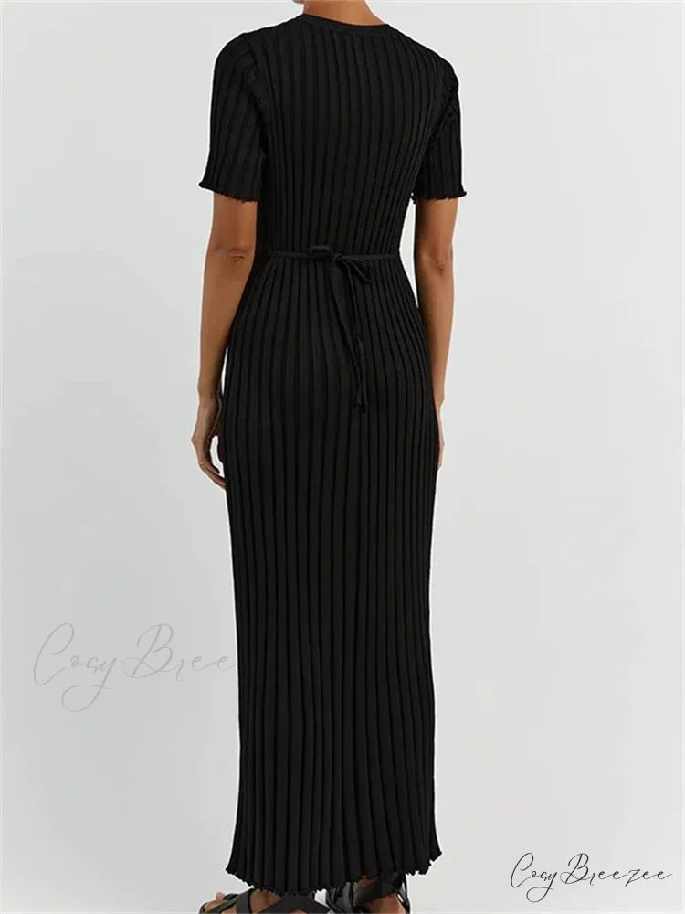Fashion Women Solid Color Round Neck Short Sleeve Summer Tie-Up Party Ribbed Knitted Female Vestidos