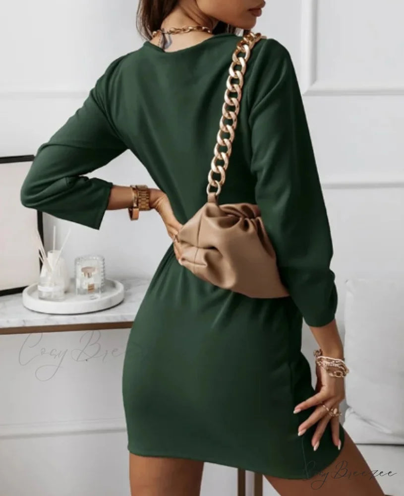 Fashion Women V-neck Spring Slim Folds Mini Dress M / PINK