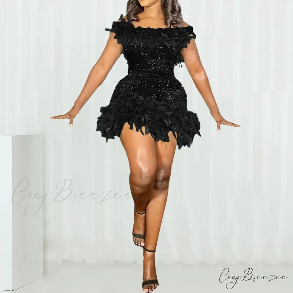 Fashion Women’s Sexy Lace Up Short Sleeve Evening Party Mini Dew Shoulder Halter Neck Solid Color Strapless Dress Black