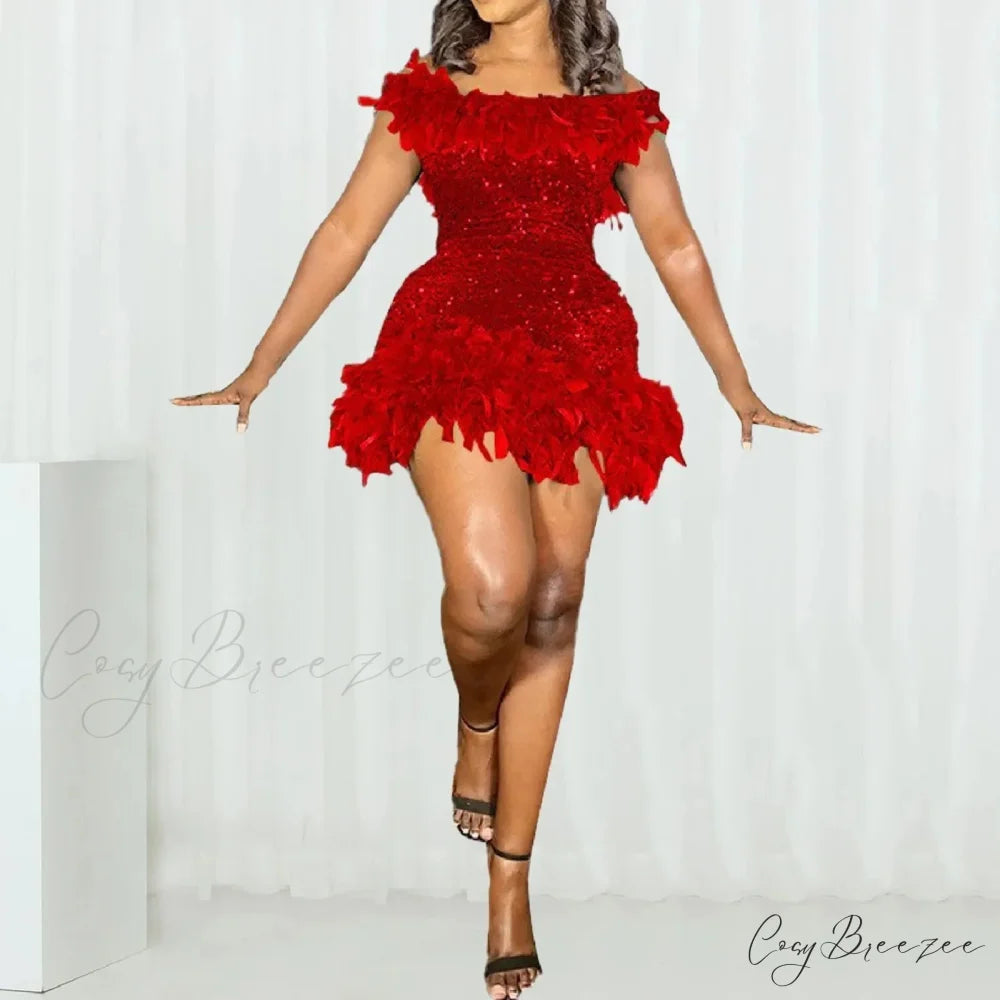 Fashion Women’s Sexy Lace Up Short Sleeve Evening Party Mini Dew Shoulder Halter Neck Solid Color Strapless Dress Red