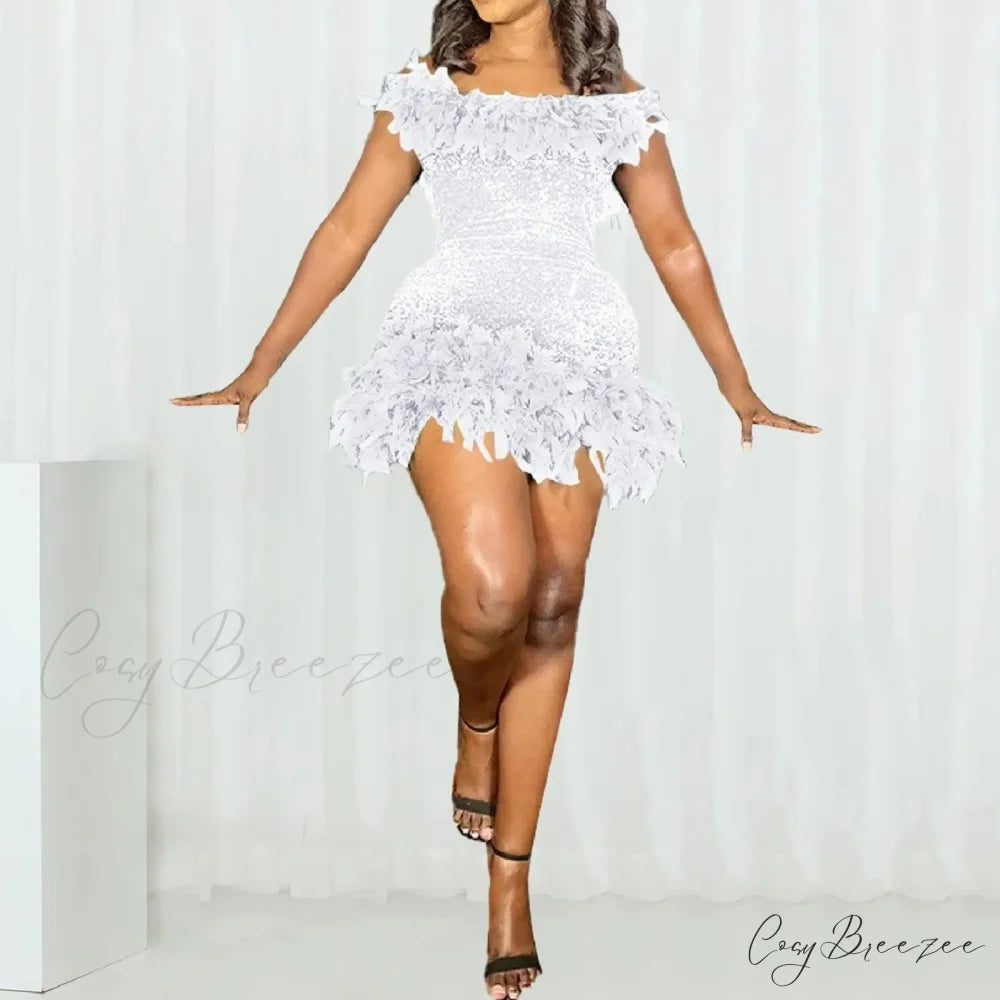 Fashion Women’s Sexy Lace Up Short Sleeve Evening Party Mini Dew Shoulder Halter Neck Solid Color Strapless Dress White