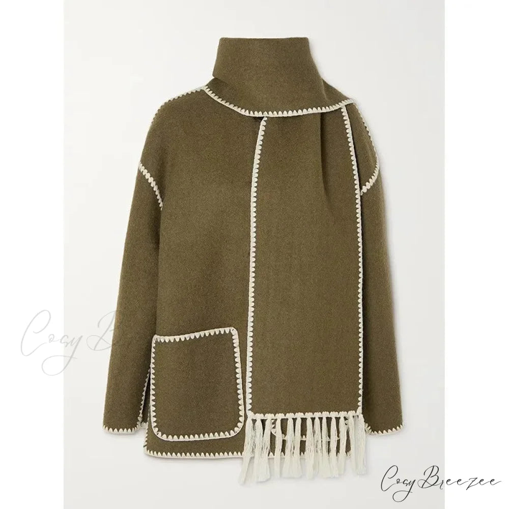 Fashion Woolen Coat With Scarf Tassels Coat Army green / S overcoats-241228