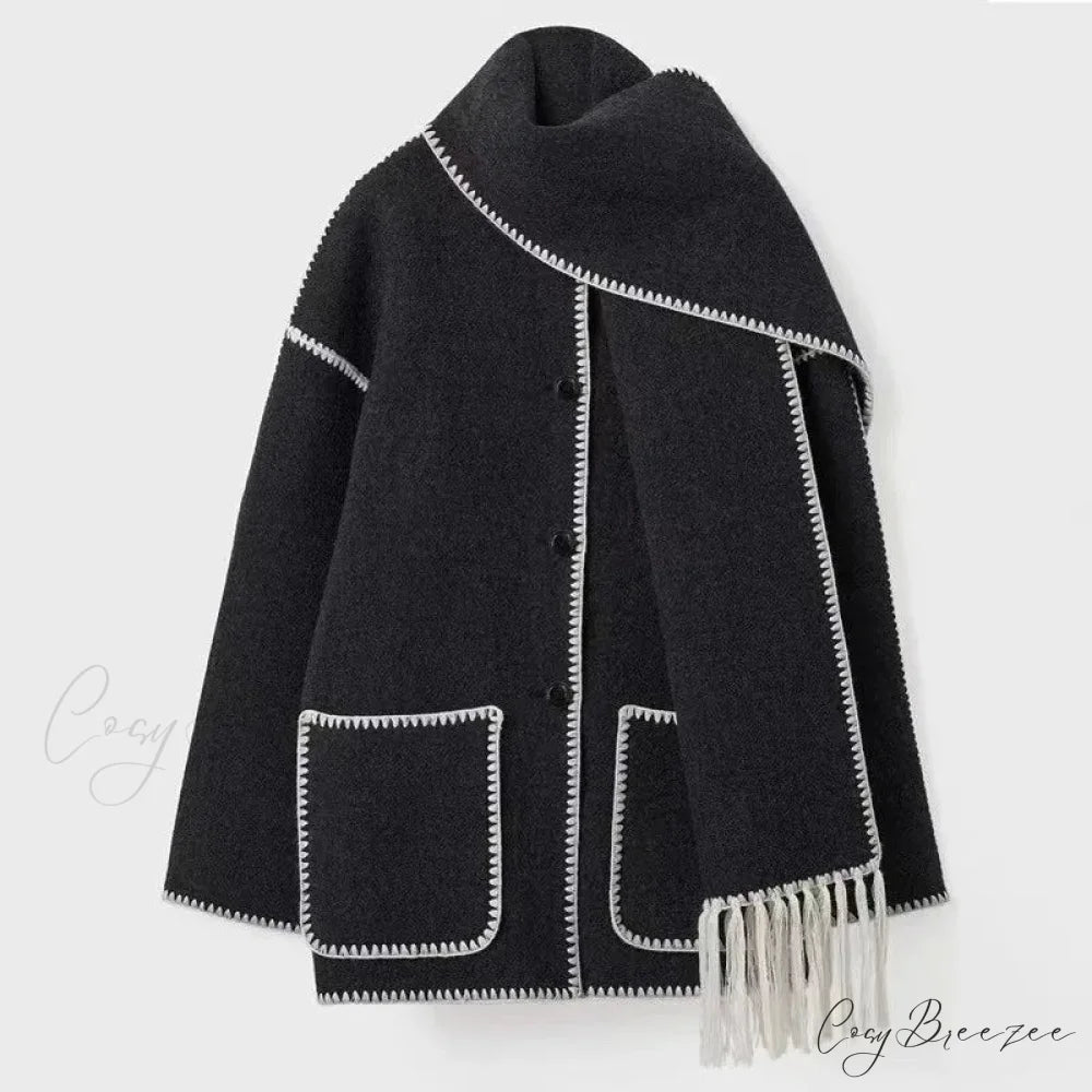 Fashion Woolen Coat With Scarf Tassels Coat black white / S overcoats-241228