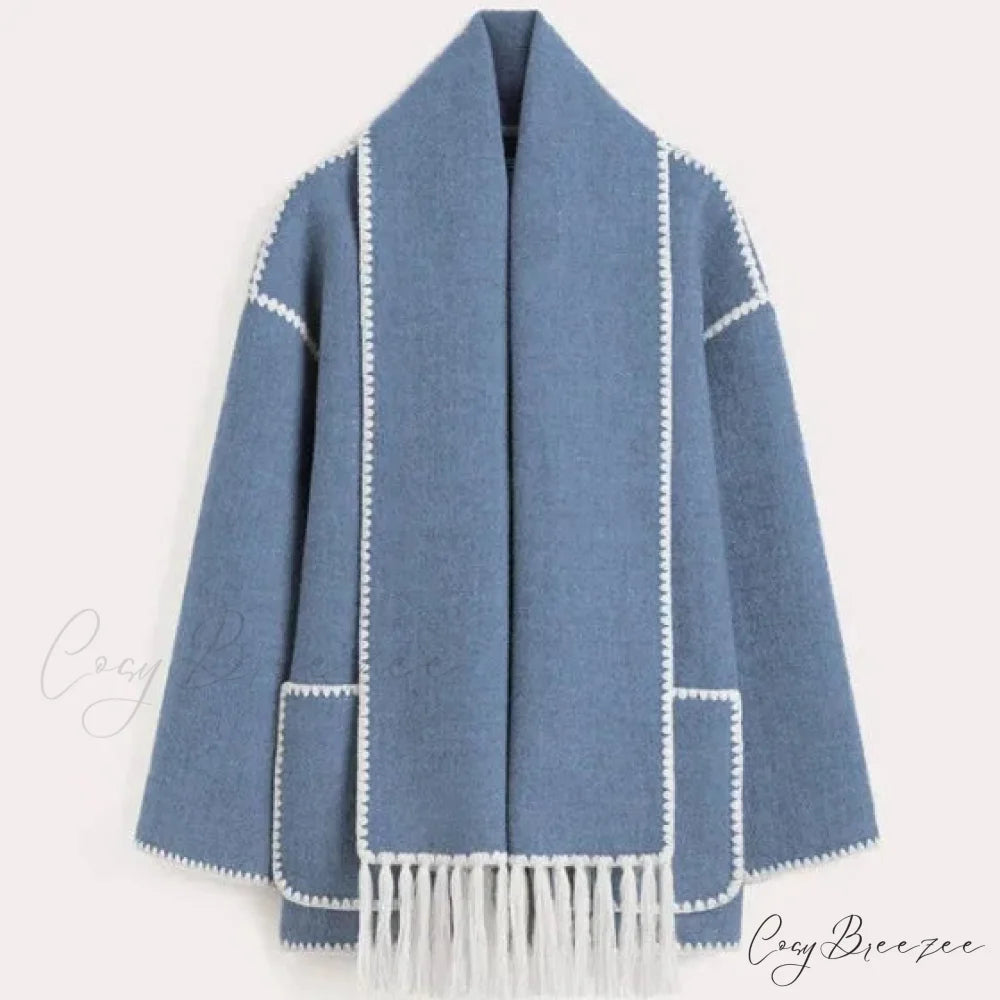 Fashion Woolen Coat With Scarf Tassels Coat Blue / S overcoats-241228
