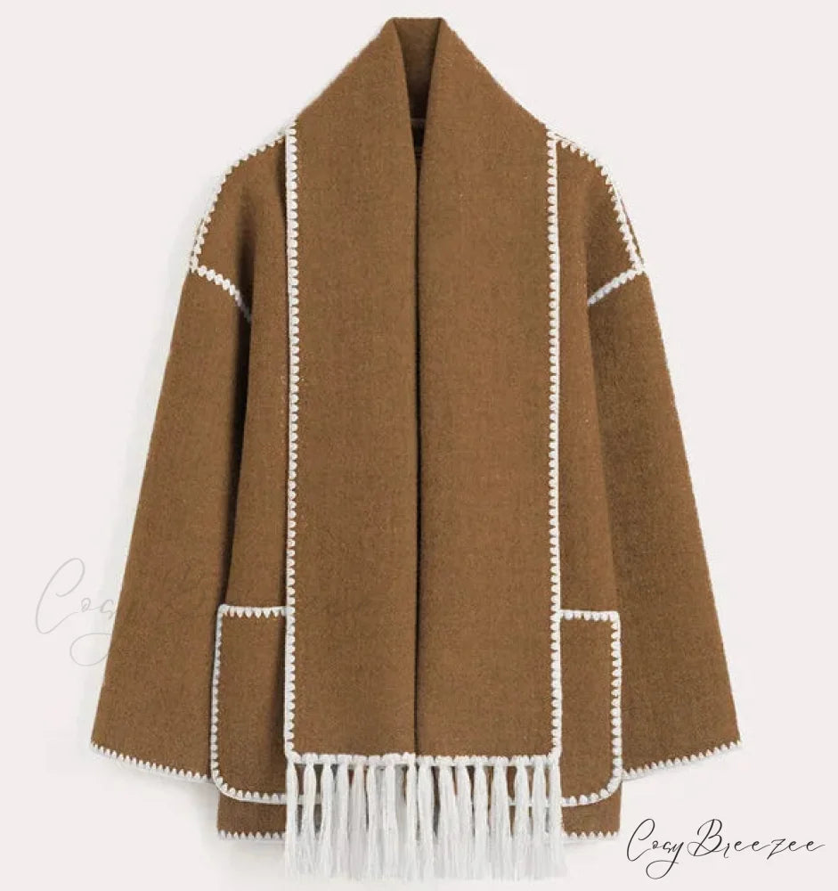 Fashion Woolen Coat With Scarf Tassels Coat Brown / S overcoats-241228