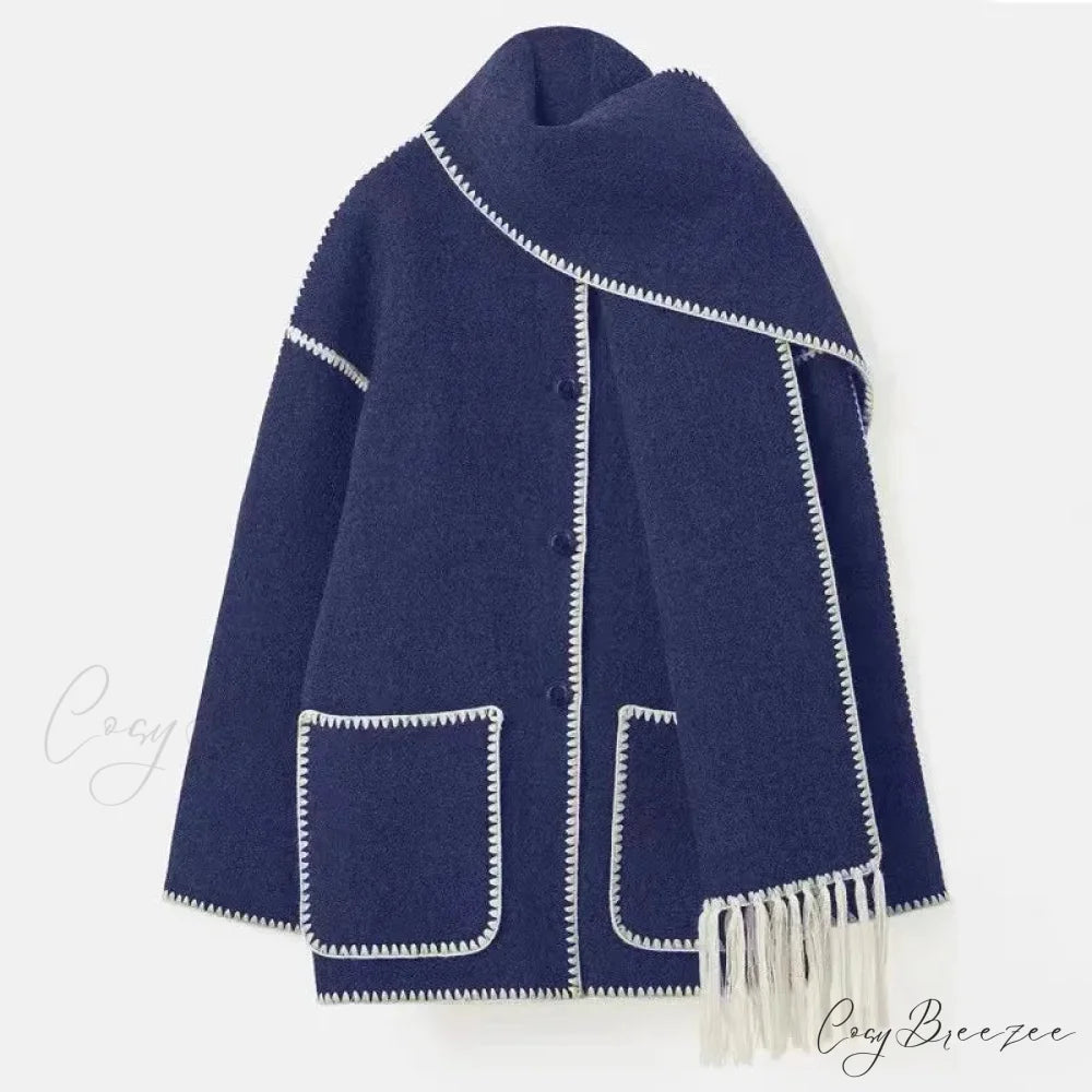 Fashion Woolen Coat With Scarf Tassels Coat dark blue / S overcoats-241228