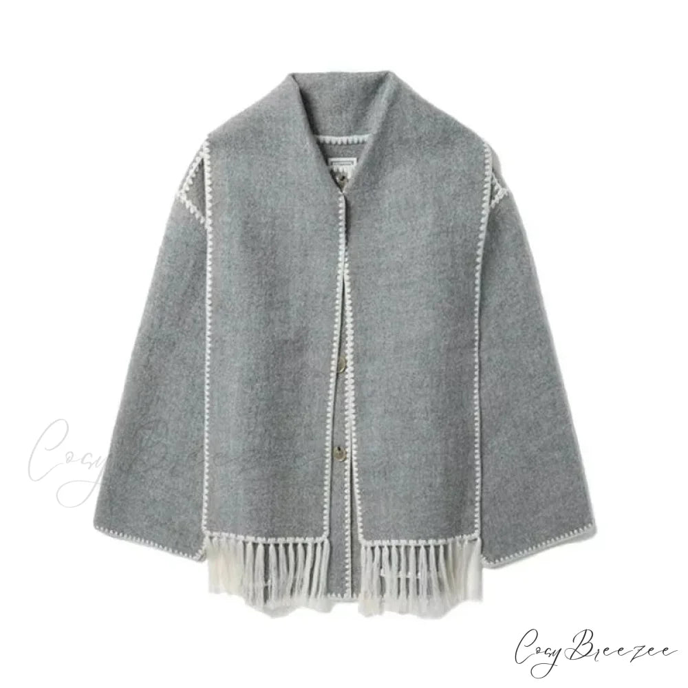 Fashion Woolen Coat With Scarf Tassels Coat gray / S overcoats-241228