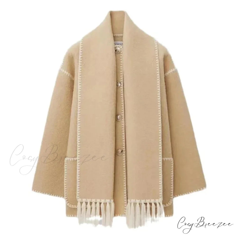 Fashion Woolen Coat With Scarf Tassels Coat khaki / S overcoats-241228