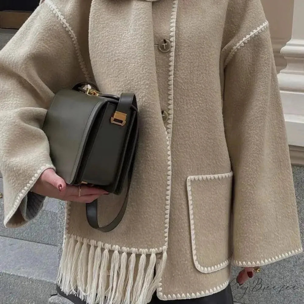 Fashion Woolen Coat With Scarf Tassels Coat light brown / S overcoats-241228