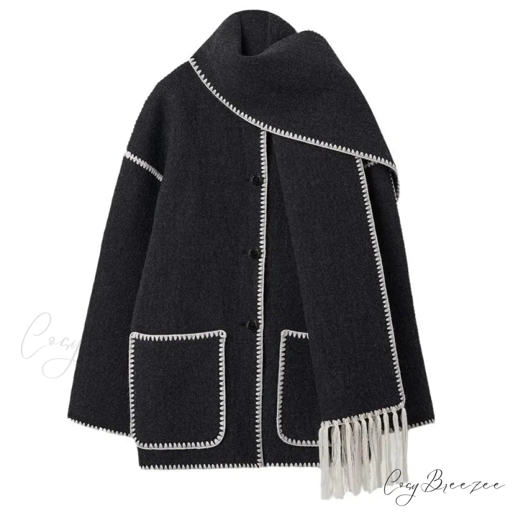 Fashion Woolen Coat With Scarf Tassels Coat overcoats-241228